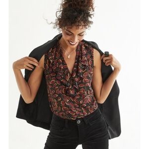 Cabi Ruffle Neck Leaf Print Blouse